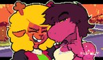 anthro antlers blonde_hair breasts brown_body brown_face brown_fur brown_hair buckteeth clothed clothed_anthro clothed_female clothing duo eyes_closed female female/female female_anthro fingers fur hair horn laugh looking_at_viewer narrowed_eyes non-mammal_breasts open_mouth open_smile purple_body purple_face purple_scales purple_skin scales smile teeth topwear white_clothing white_topwear yellow_sclera ditchu deltarune mewing_(meme) undertale_(series) noelle_holiday susie_(deltarune) deer dinosaur mammal monster new_world_deer prehistoric_species reindeer reptile scalie 2024 digital_media_(artwork) hi_res pixel_(artwork)