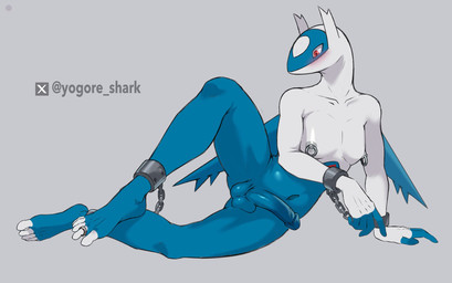 5_fingers 5_toes anthro balls blue_body blue_countershading blush countershade_face countershade_fingers countershade_toes countershading cuff_(restraint) digit_ring erection feet fingers genitals glans grey_background humanoid_genitalia humanoid_penis jewelry male markings navel nipple_piercing nipples nude penis piercing plantigrade red_eyes red_markings restraints ring shackled_ankles shackled_wrists shackles simple_background solo text toe_ring toes white_body white_countershading yogore_shark nintendo pokemon generation_3_pokemon latios legendary_pokemon pokemon_(species) artist_name hi_res shaded