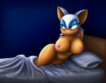 anthro bed black_nose blue_background breasts eyelashes female furniture gradient_background green_eyes navel nipples nude pillow simple_background solo astraldog sega sonic_the_hedgehog_(series) rouge_the_bat bat mammal hi_res