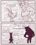 2016 anthro bovid bovine clothed clothing comic dialogue disney duo english_text fan_character female july_hopps_(mistermead) katherine_clawhauser_(mistermead) lagomorph leporid mammal rabbit rockbottomfeeder running text zootopia