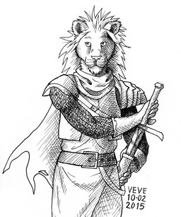anthro armor belt cape chin_tuft clothing facial_tuft front_view glistening glistening_eyes male mane melee_weapon neck_tuft pupils scabbard slit_pupils solo sword tuft weapon skyelegs felid lion mammal pantherine 2015 black_and_white monochrome signature