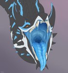 ambiguous_gender black_body black_horn black_scales blue_body blue_horn blue_insides blue_mouth blue_scales blue_tongue bodily_fluids cheek_spikes detailed_mouth facial_spikes fangs feral front_view gaping_mouth grey_background horn long_neck looking_at_viewer mouth_shot multicolored_body multicolored_scales open_mouth open_smile orange_eyes pupils saliva saliva_string scales simple_background smile solo spikes spikes_(anatomy) teeth throat tongue tongue_out white_body white_scales drgn_gold european_mythology mythology dragon mythological_creature mythological_scalie scalie western_dragon 2023 colored digital_media_(artwork) headshot_portrait hi_res portrait shaded signature