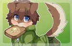 anthro black_nose blue_eyes blush bread brown_hair buttered_toast clothing countershading floppy_ears food food_in_mouth green_clothing green_shirt green_topwear hair kemono male shirt simple_background solo sweatshirt toast topwear young young_anthro fermata_suzuka canid canine canis domestic_dog mammal