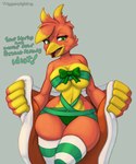 anthro big_breasts breasts dialogue feathers female green_eyes multicolored_body multicolored_feathers navel open_mouth red_body red_feathers ribbons simple_background solo text thick_thighs two_tone_body two_tone_feathers yellow_body yellow_feathers triggerpigart banjo-kazooie rareware kazooie avian breegull 2024 english_text hi_res