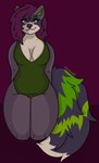 anthro belly big_tail breasts clothed clothing eyelashes female green_eyes hair looking_at_viewer one-piece_swimsuit purple_background purple_hair simple_background sitting solo swimwear tail thick_thighs waiting hawkward_(artist) dezyraccoon mammal procyonid raccoon 2024 absurd_res artist_name digital_media_(artwork) hi_res