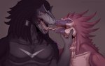 anthro big_dom_small_sub black_hair bodily_fluids cheek_tuft chest_tuft claws dominant dominant_male dreadlocks dripping duo entwined_tongues eye_contact facial_markings facial_tuft feathered_crest feathers femboy finger_claws fluffy fur hair hand_on_cheek hand_on_shoulder head_crest head_markings kissing licking_tongue looking_at_another male male/male markings muscular muscular_male neck_tuft nipples open_mouth purple_eyes red_eyes saliva saliva_drip saliva_on_tongue saliva_string scales seductive size_difference smile smirk submissive submissive_male teeth text tuft essenza mozi_dakota razor_hess allosaurid allosaurus dinosaur dromaeosaurid feathered_dinosaur feathered_scalie prehistoric_species reptile scalie theropod hi_res url