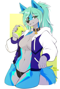 anthro biped breasts claws clothed clothed_anthro clothed_female clothing collar countershade_torso countershading ear_piercing female fingers front_view fur hair inner_ear_fluff looking_at_viewer navel piercing simple_background smile solo standing tail tuft wolflady canid canine canis mammal wolf 2026 digital_drawing_(artwork) digital_media_(artwork)