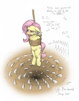 anthro arms_tied bdsm bodily_fluids bondage bound crying cutie_mark dialogue execution eyes_closed feathered_wings feathers female fur hair imminent_death nude open_mouth peril pink_hair restraints rope rope_bondage simple_background solo tail tears text wings yellow_body meowmere friendship_is_magic hasbro my_little_pony mythology fluttershy_(mlp) equid equine mammal mythological_creature mythological_equine pegasus english_text hi_res