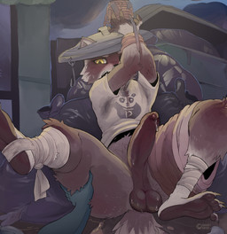 anthro arms_tied bag balls barefoot big_balls big_penis bodily_fluids bottomless bottomless_anthro bottomless_male bound chain chained claws clothed clothing dumpster erection facial_piercing feet foreskin fur genital_fluids genitals hat headgear headwear humanoid_genitalia humanoid_penis leg_grab leg_wraps lid long_foreskin male night nose_piercing nose_ring open_mouth outside penis piercing precum questionable_consent ring_piercing saggy_balls shirt soles solo sweat t-shirt text thick_penis thick_thighs thigh_grab topwear trash trash_can_lid tuft unretracted_foreskin wraps sharkysocks epic_games fortnite rufus_(fortnite) mammal procyonid raccoon 2024 hi_res url