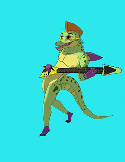 anthro bass_guitar clothing eyewear fingerless_gloves glasses gloves guitar handwear male mohawk musical_instrument open_mouth plucked_string_instrument solo string_instrument teeth jeki_sergal five_nights_at_freddy's five_nights_at_freddy's:_security_breach scottgames steel_wool_studios montgomery_gator alligator alligatorid crocodilian reptile scalie absurd_res hi_res