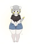 anthro bottomwear clothing crop_top female grey_body navel shirt shorts slightly_chubby solo tied_shirt topwear zilikslider nintendo pokemon generation_7_pokemon pokemon_(species) togedemaru hi_res