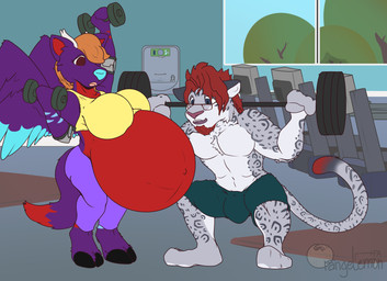 athletic_wear belly big_belly big_breasts blue_eyes blue_nose bottomwear breasts brown_eyes bulge clothing cloven_hooves crouching exercise eyewear facial_hair female glasses goatee gym hooves huge_belly male muscular open_mouth pregnant red_belly shirtless shorts weightlifting weights wings workout moblie angel_saxon angel felid hybrid mammal pantherine snow_leopard hi_res