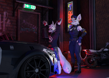 alley anthro arrested bar brick_wall car dirt_bike duo female freckles fur graffiti graffiti_on_wall male male/female motorcycle officer outside police police_car police_officer police_vehicle street urban vehicle wall_(structure) white_body white_fur z4rk0 warfaremachine_(modeler) aphex_twin ford ford_mustang officer_flint_(foresttherotten) warfare_flint mammal murid murine rat rodent skulldog_(species) 3d_(artwork) absurd_res digital_media_(artwork) hi_res