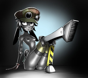 abstract_background anthro biped black_eyewear black_goggles breasts clothing collarbone cybernetic_arm cybernetic_leg cybernetic_limb eyeliner eyewear eyewear_on_head female female_anthro flat_cap fluffy fur goggles goggles_on_head green_clothing green_headwear grey_body grey_eyes grey_fur grey_hair hair hat headgear headwear light lying_on_ground makeup mostly_nude mostly_nude_anthro mostly_nude_female nipple_tape on_ground one_hand_on_floor one_leg_up pasties pivoted_ears raised_leg scut_tail shadow short_tail slim slim_anthro slim_female small_breasts smile smiling_at_viewer solo tail tape thick_thighs toothy_grin gatonejo tabby_(gatonejo) lagomorph leporid mammal rabbit 2025 absurd_res grey_theme hi_res signature