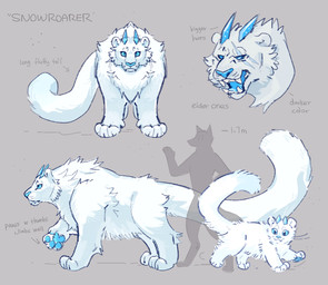 ambiguous_gender anthro back_tuft biped blue_eyes blue_horn blue_nose blue_pawpads blue_tongue chest_tuft duo fangs feral front_view fur glistening glistening_eyes grey_background horn leg_tuft male narrowed_eyes open_mouth pawpads quadruped side_view simple_background tail teeth text tongue tuft unsigned white_body white_fur white_tail young young_ambiguous young_feral asnnonaka snowroarer english_text hi_res