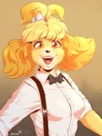 anthro bell blonde_hair bow_tie clothed clothing cosplay dress_shirt female fur hair happy jingle_bell looking_at_viewer open_mouth open_smile orange_eyes parody shirt simple_background smile solo suspenders topwear white_clothing white_shirt white_topwear yellow_body yellow_fur galacticmichi animal_crossing nintendo plastic_love real_world isabelle_(animal_crossing) mariya_takeuchi canid canine canis domestic_dog mammal shih_tzu toy_dog 2023 crossover digital_media_(artwork) redraw