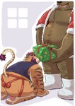 anthro belly big_belly black_nose blush brown_body butt clothing duo exclamation_point gift holidays humanoid_hands kemono male male/male moobs nipples overweight overweight_male scar shirt topwear art_hoshi christmas bear felid mammal pantherine tiger 2023 absurd_res hi_res