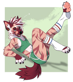 anthro arm_tuft border bottomwear cheek_tuft clothed clothing facial_tuft fangs fluffy fluffy_tail footwear fur glistening glistening_eyes green_bottomwear green_clothing green_topwear hair legwear licking licking_lips licking_own_lips male narrowed_eyes neck_tuft open_mouth orange_body orange_fur pattern_clothing pattern_footwear pattern_legwear pattern_socks pawpads pink_pawpads pink_tongue red_body red_fur red_hair self_lick simple_background socks solo striped_arms striped_clothing striped_footwear striped_legs striped_socks stripes tail teeth toeless_footwear toeless_socks tongue tongue_out topwear tuft unsigned white_body white_border white_clothing white_footwear white_fur white_hair white_socks princelykaden hyena mammal full-length_portrait hi_res portrait