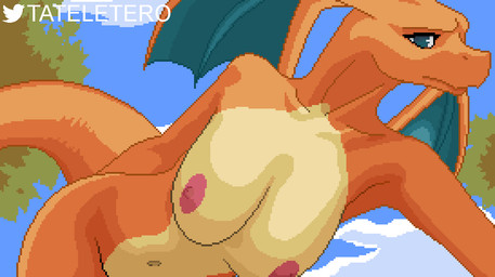 anthro anthrofied areola breasts countershading day female membrane_(anatomy) membranous_wings navel nipples nude orange_body outside pink_areola pink_nipples pokemorph solo tan_body tan_countershading twitter_logo wings tateletero nintendo pokemon twitter charizard generation_1_pokemon pokemon_(species) digital_media_(artwork) pixel_(artwork)