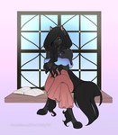 ankle_tuft anthro black_body black_fur black_hair blue_eyes book braided_hair clothing ear_piercing faelrun female fur hair hooves jewelry leg_tuft long_hair necklace piercing sitting smile solo tuft window hazelkisses equid equine horse mammal hi_res