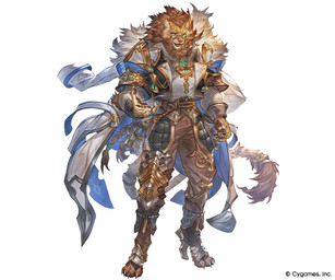 anthro armor belt belt_buckle blue_clothing bottomwear braided_hair brown_bottomwear brown_clothing brown_mane brown_pants buckle claws clothing coat coat_cape digitigrade eyewear footwear fur gem glasses hair high_heels knee_guards male mane pants pawpads plate_armor shoes solo standing tail tan_body tan_fur teal_eyes topwear wearing_glasses white_clothing unknown_artist cygames granblue_fantasy felid feline lion mammal pantherine wolvir 2026 6:5 colored official_art shaded