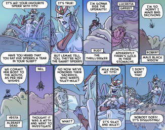 6_arms 8_legs armor arthropod_webbing beard bed bikini bikini_armor blonde_beard blonde_facial_hair blonde_hair blue_hair bodily_fluids breast_squeeze breasts chainmail chainmail_bikini cleavage clothed clothing death facial_hair female funeral furniture group hair lactating liquid_on_body lying lying_on_bed male male/female multi_arm multi_limb nipples on_bed pointy_ears projectile_lactation purple_body purple_hair purple_skin size_difference squeezing swimwear text two-piece_swimsuit unconvincing_armor unusual_bodily_fluids unusual_lactation vore oglaf lolth_(dungeons_and_dragons) arachnid arachnid_taur arthropod arthropod_taur human mammal taur comic english_text