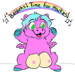 1_horn baby_talk black_text blue_hair blue_hooves crotch_breasts eyelashes female female_feral feral fur green_eyes hair highlights_(coloring) hooves horn musical_note musical_symbol nipples open_mouth pink_body pink_fur pink_highlights pink_horn pink_nipples pink_wings rainbow simple_background singing solo spiral_horn symbol text tongue white_background wings young young_female young_feral squeegull fluffy_pony mythology equid equine fluffy_pony_(species) mammal mythological_creature mythological_equine winged_unicorn 1:1 2025 absurd_res comic digital_media_(artwork) english_text flat_colors hi_res