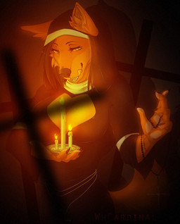 anthro black_hair black_nose breasts candle cheek_tuft claws cleavage clothed clothing cross cross_necklace facial_tuft female front_view fur hair jewelry licking looking_at_viewer necklace nun open_mouth orange_body orange_fur pawpads pink_eyes pose seductive smile solo standing teeth tongue tongue_out tuft whcardinal antarctic_state_of_cyberia roksana_lavrentyeva canid canine fox mammal red_fox true_fox 2017 digital_media_(artwork) hi_res pinup