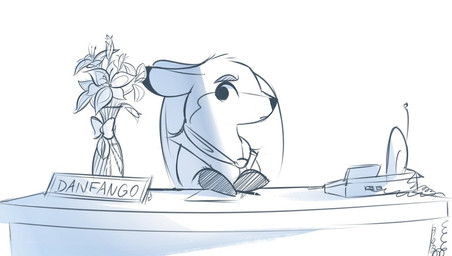 ambiguous_gender chair feral flower flower_vase furniture hair looking_aside office_chair office_desk office_phone plant quadruped short_hair sitting solo text vase itsdanfango ansel_(itsdanfango) deer mammal 2018 english_text monochrome