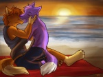 4_toes anthro beach bottomwear brown_body brown_fur brown_hair clothed clothing denim denim_bottomwear denim_clothing detailed_background dipstick_tail duo eyes_closed feet fur hair hindpaw jeans kissing love male male/male markings outside pants paws purple_body purple_fur romantic romantic_ambiance romantic_couple sand seaside shirt sitting sky sunset tail tail_markings tank_top toes tongue topless topwear water toraneko wolingopaws andy_dingo_wolf lynx_softpaw canid canine canis dingo domestic_dog hybrid mammal wolf 2012 4:3