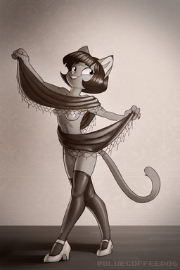 anthro biped bob_cut breasts clothing female footwear happy high_heels holding_cloth lace legwear lipstick looking_at_another looking_at_viewer makeup medium_breasts mostly_nude mostly_nude_anthro mostly_nude_female navel nude pose posing_for_picture shawl shoes simple_background smile solo stockings tasteful tasteful_nudity bluecoffeedog lackadaisy ivy_pepper domestic_cat felid feline felis mammal 2:3 digital_media_(artwork) full-length_portrait hi_res monochrome portrait