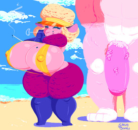 anthro areola beach big_areola big_breasts big_penis bikini bottomless breasts cigarette clothed clothing curvy_figure duo elderly elderly_female eyeshadow female genitals grin hand_on_breast hand_on_face hat headgear headwear huge_breasts huge_penis makeup male markings mature_anthro mature_female mole_(marking) nipple_outline one-piece_swimsuit outside penis raised_arm seaside shortstack skimpy sling_bikini smile smoking standing swimwear thick_thighs two-piece_swimsuit vein veiny_penis visor_cap voluptuous wide_hips smutbooru helbaa_(smutbooru) bovid canid canine canis caprine domestic_sheep mammal sheep wolf 2017 hi_res