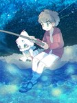 anthro brown_hair clothing duo fishing fishing_rod footwear hair hoodie horn kerchief male sandals shoes sitting topwear white_body mkz_kabeuchi bandai_namco digimon digimon_ghost_game hiro_amanokawa digimon_(species) gammamon human mammal 3:4 hi_res