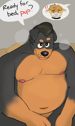 5_fingers age_difference anthro bed bedroom_eyes belly big_belly black_body black_fur black_hair black_nose blush brown_body brown_fur daddy_kink dialogue dominant exclamation_point fingers fur furniture genitals hair looking_offscreen male male/male mullet narrowed_eyes nipples on_bed penis pink_nose red_text seductive sitting sitting_on_bed size_difference slightly_chubby steam striped_body striped_fur stripes submissive tan_body tan_fur text whisker_spots white_body white_fur p_rindustries chuck_(p_rindustries) will_(p_rindustries) canid canine canis dobermann domestic_cat domestic_dog felid feline felis mammal pinscher 3:5 absurd_res hi_res