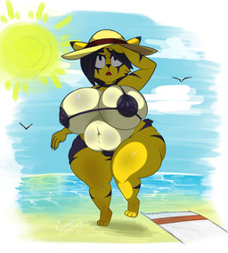 3_toes 4_fingers ambient_silhouette anthro areola areola_slip beach belly belly_overhang big_breasts big_butt bikini biped black_areola black_body black_eyes black_fur black_hair black_nose black_stripes breasts butt camel_toe clothed clothing cloud countershading curvy_figure dark_areola deep_navel detailed_background feet female fingers front_view fur group hair hat headgear headwear huge_breasts huge_butt looking_up multicolored_body multicolored_fur navel nipple_outline no_pupils on_one_leg open_mouth outside overweight overweight_anthro overweight_female sea seaside shortstack shortstack_female silhouette solo_focus standing striped_body striped_fur stripes sun swimwear thick_thighs tight_clothing toes towel trio two-piece_swimsuit two_tone_body two_tone_fur undersized_clothing voluptuous water wide_hips yellow_body yellow_fur leofel_barraund parfait_(triplepistacho) ambient_bird ambient_flier avian bird domestic_cat felid feline felis mammal pantherine tiger 2021 digital_media_(artwork) hi_res