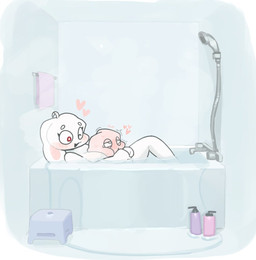 anthro anthro_on_anthro bath bathing bathroom bathtub blush blushing_profusely bodily_fluids breasts circle_eyebrows duo eyebrows faucet female female_anthro floppy_ears furniture heart_symbol in_bathtub inside larger_female looking_at_another looking_pleasured lop_ears lying male male/female male_anthro mature_anthro mature_female nude nude_anthro nude_female one_eye_closed open_mouth open_smile partially_submerged red_eyes round_eyes shampoo_bottle shower size_difference smaller_male smile step_stool stool sweat water white_body white_ears white_sclera southway lagomorph mammal 2026 digital_media_(artwork)