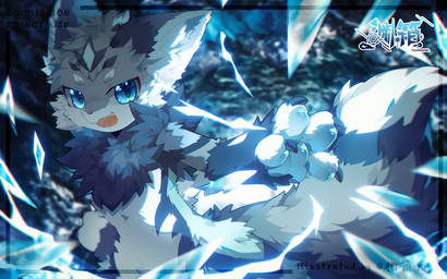 4_fingers abstract_background anthro big_tail blue_eyes chest_tuft cute_fangs fangs fingers fluffy fluffy_body fluffy_fur fluffy_tail fur glistening glistening_eyes grey_body grey_fur grey_markings ice inner_ear_fluff kemono looking_at_viewer male markings multicolored_body multicolored_fur neck_tuft open_mouth open_smile pawpads paws pose raised_arm smile smiling_at_viewer solo standing tail teeth text tongue tuft water_background white_body white_fur yuanxiang canid canine canis mammal wolf 16:10 2024 artist_name blue_theme cel_shading chinese_text cool_colors digital_drawing_(artwork) digital_media_(artwork) english_text shaded wallpaper watermark widescreen