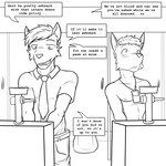 1:1 anthro black_and_white blush bottomwear clothed clothed/nude clothed_male clothing collared_shirt comic dialogue duo embarrassed english_text fully_clothed fuze hi_res lanyard looking_away male mammal monochrome necktie nude pants text urinal