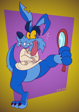 3_toes anthro arched_soles bent_ear black_eyebrows black_nose black_toe_claws blue_body blue_fur bodily_fluids bottomless bottomless_anthro bottomless_male cheek_tuft chin_tuft clothed clothing curling_toes drooling eyebrows facial_tuft fangs feet fur holding_mirror holding_object holding_with_foot humanoid_feet insane jagged_teeth lines_drawn long_ears looking_at_mirror looking_at_object male mirror multicolored_body multicolored_fur notched_ear on_one_leg plantigrade pose raised_eyebrow raised_heel raised_tail restraints saliva sharp_teeth soles solo standing standing_on_toes straitjacket surprised tail teeth thick_eyebrows tiptoes toes tongue tongue_out toony tuft two_tone_body two_tone_feet two_tone_fur two_tone_tail yellow_sclera gavanzude activision crash_bandicoot_(series) ripper_roo kangaroo macropod mammal marsupial 2023 colored digital_drawing_(artwork) digital_media_(artwork) flat_colors hi_res pinup