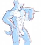 abs anthro balls biped canid canine canis domestic_dog flaccid foreskin genitals male mammal monochrome muscular muscular_anthro muscular_male navel nude partially_retracted_foreskin pecs penis poop_(artist) pose simple_background sketch solo standing white_background