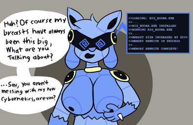anthro big_breasts black_body black_ears blue_body blue_ears blue_fur blue_hair breasts female fur hair machine multicolored_ears nude solo spiral spiral_eyes text text_box two_tone_ears yellow_body trooper3 nintendo pokemon rhenny_(rhenaudthelukark) generation_4_pokemon lucario pokemon_(species) robot 2024 english_text hi_res