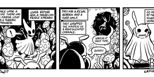2_horns 3_panel_comic ambiguous_gender antennae_(anatomy) biped black_eyes black_text cloak clothed clothing dialogue duo exclamation_point flower fungus horn looking_at_another looking_back looking_down melee_weapon midair motion_lines mushroom narration plant sound_effects speech_bubble talking_to_another text text_box thread walking weapon weapon_on_back p5ych hollow_knight_(franchise) team_cherry bretta_(hollow_knight) hornet_(hollow_knight) arthropod beetle insect artist_name comic english_text monochrome female_(lore)