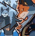 anthro clothed clothing detailed_background fur gloves handwear male multicolored_body multicolored_fur muscular muscular_anthro muscular_male orange_body orange_eyes orange_fur scarf solo solo_focus spikes pinumontbalou epic_games fortnite fennix_(fortnite) volpez_(fortnite) canid canine canis fox mammal red_fox true_fox hi_res