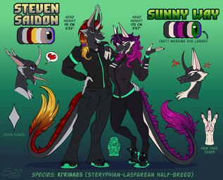 anthro bottomwear cloth clothed clothing duo equis_universe female fluffy footwear fur horn male open_mouth pants pawpads paws shoes sneakers tongue tongue_out sunny_way steven_saidon sunny_way_(character) ki'rinaes hi_res model_sheet