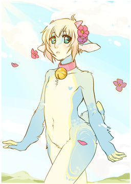 bell blonde_hair collar femboy flower hair heart_symbol male plant solo summer walking wind glider_(artist) bovid caprine goat mammal