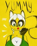 anthro big_breasts breasts cleavage clothed clothing female fur green_eyes hair looking_at_viewer markings ponytail ring_(marking) ringed_tail solo striped_markings striped_tail stripes tail tail_markings white_hair yellow_body yellow_fur norithics sunni_smiles mammal 4:5 yellow_theme