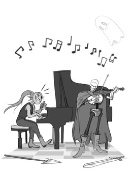 anthro bone bow_(stringed_instrument) bowed_string_instrument duo female grand_piano holding_object keyboard_instrument male melee_weapon musical_instrument musical_note musical_symbol piano playing_music playing_piano playing_violin polearm simple_background skeleton spear string_instrument sword symbol violin weapon white_background tu-ie undertale undertale_(series) napstablook papyrus_(undertale) undyne aquatic fish ghost spirit hi_res monochrome
