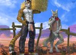 2019 4_toes animal_genitalia animal_penis anthro balls biped blue_eyes blue_sky bottomless canid canine canine_genitalia canine_penis canis canyon chaps claws clothed clothing countershading cowboy coyote day desert detailed_background digital_media_(artwork) digitigrade duo erection exhibitionism feet felid fingers fur genitals hi_res humanoid_genitalia humanoid_penis karnal_(karnaltiger) knot leather male male/male mammal multicolored_body multicolored_fur outside pantherine penis plantigrade shaneinvasion sky standing striped_body striped_fur stripes tiger toe_claws toes topless white_body white_countershading zeekerz