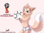 2016 anthro ball blue_eyes blush boxer_briefs bulge canid canine canis clothed clothing digital_media_(artwork) eyewear eyewear_on_head fifa fur glasses goggles goggles_on_head hi_res holding_ball holding_object logo looking_at_viewer male mammal mascot neck_tuft open_mouth senz shaded signature soccer soccer_ball solo sport tan_body tan_fur text tongue tongue_out topless tuft underwear url wolf world_cup zabivaka