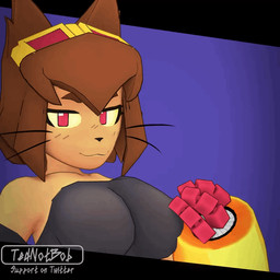 anthro big_breasts blinking blush blush_lines bouncing_breasts breasts brown_hair clothing clothing_pull eyewear eyewear_on_head female female_anthro goggles goggles_on_head hair looking_at_viewer mechanical_arm narrowed_eyes nipple_outline red_eyes smile teasing topwear whiskers yellow_sclera tednotbob gameoverse glitch_productions kit_bodega felid feline mammal 1:1 2026 3d_(artwork) 3d_animation animated digital_media_(artwork) loop